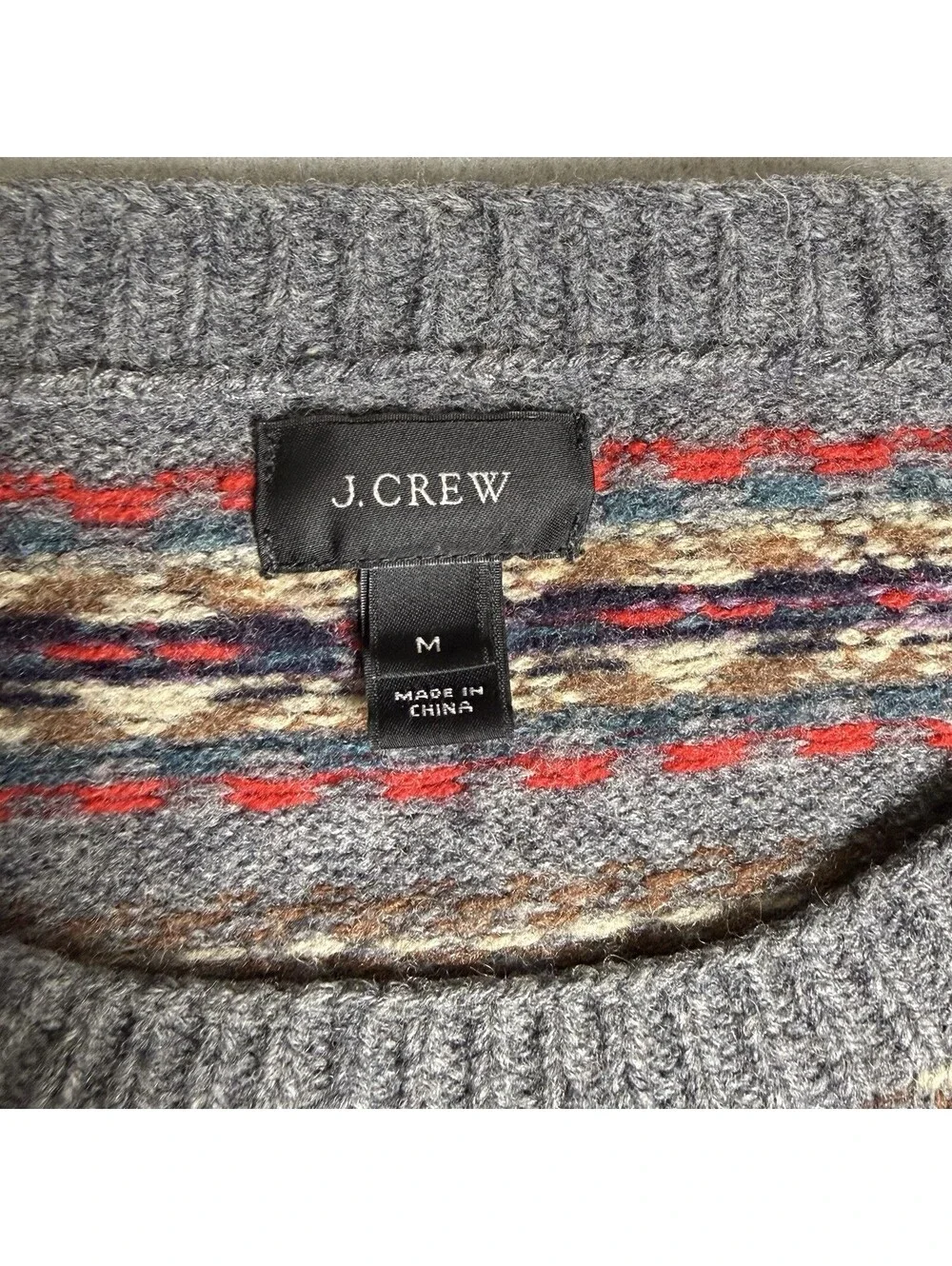 J.CREW 100% Lambswool Sweater Sz M Men's Grey Crewneck Pullover Nordic Fair Isle